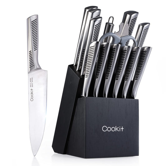 A 15-piece kitchen knife set with a black oak wooden block and various knives with stainless steel blades and black handles, including a chef knife, slicing knife, bread knife, santoku knife, utility knife, paring knife, steak knives, scissors, and a steel sharpener.