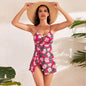 A collage of women's floral split skirt swimsuits in various colors, modeled by a woman against a beach-themed background.