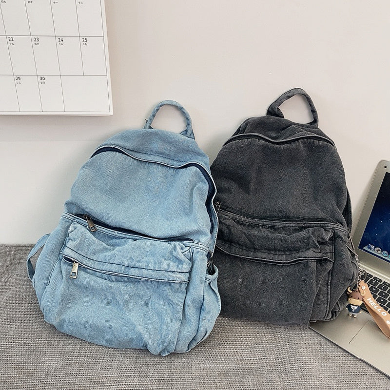 Washed Denim Backpack – Minimalist Canvas Shoulder Bag in Blue & Grey
