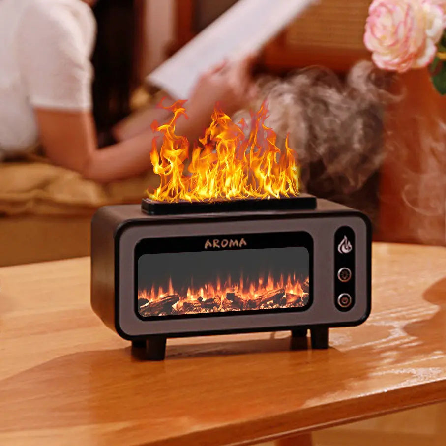 An ultrasonic flame humidifier with a simulated fireplace appearance, emitting vapor, placed on a table in a home environment.