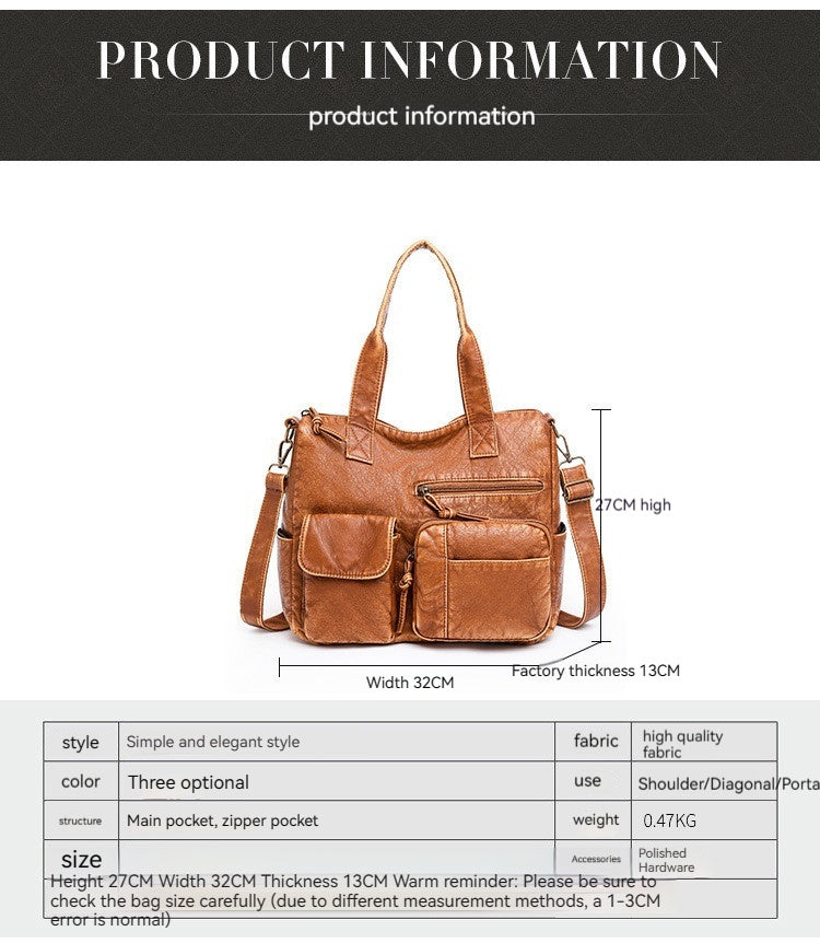 Women's Retro Washed Tote Bag – Soft Vegan-Friendly Imitation Leather Multi-Pocket Shoulder Handbag