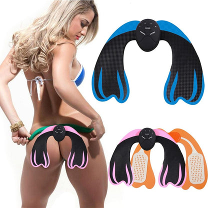 A butt beautifier device with varying colors being worn by a person in a bikini bottom, showing the product from multiple angles.