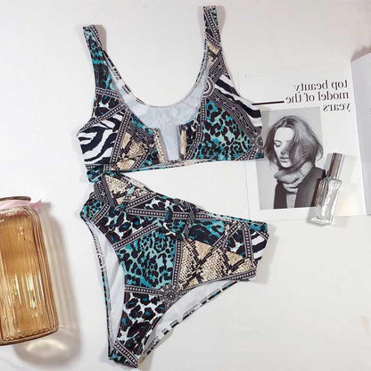 Women's Snake Print U-Neck Split Swimsuit | One-Piece Bikini