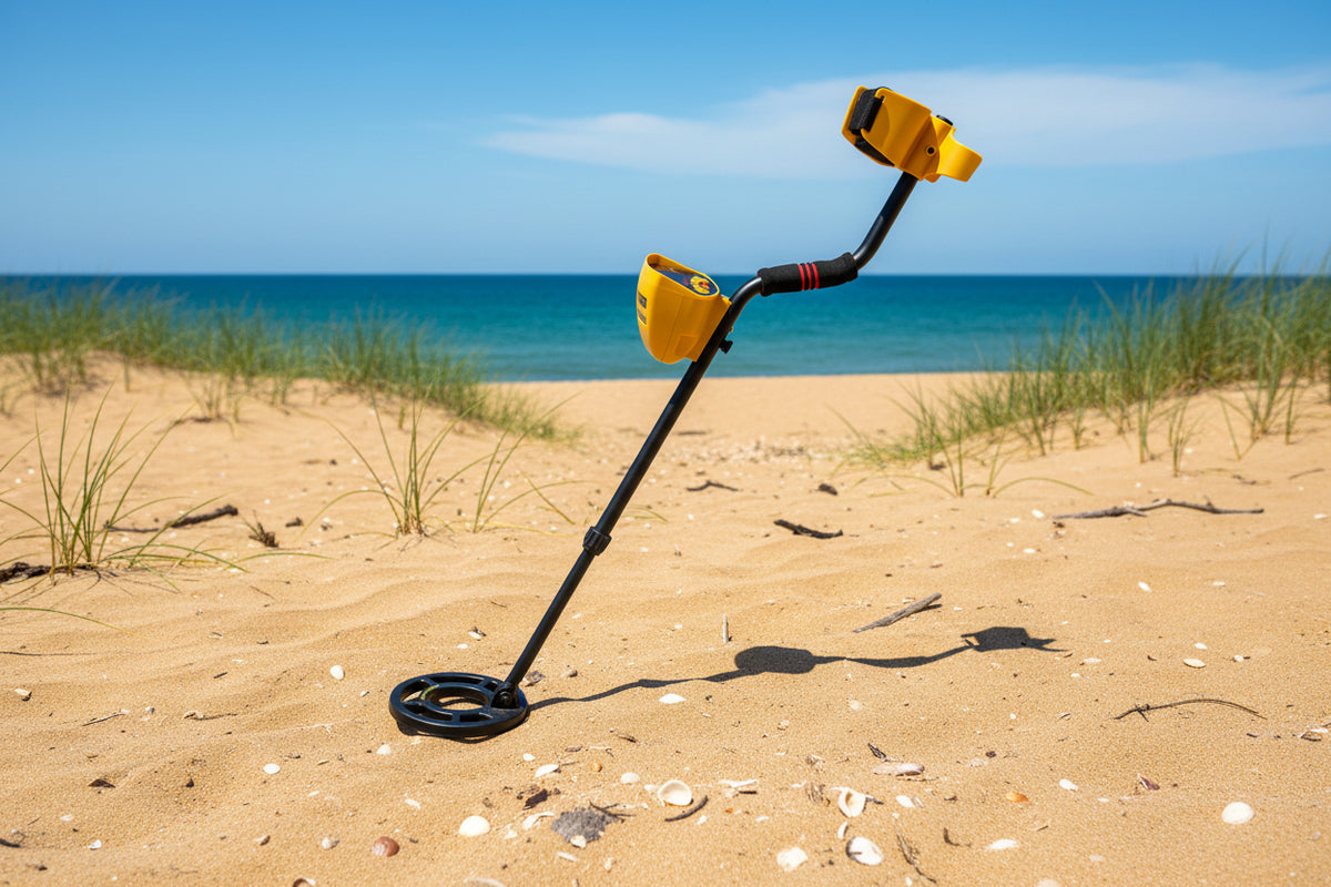 A handheld underground metal detector with a black shaft and yellow detailing, including a circular probe at the bottom and two buttons on the handle.
