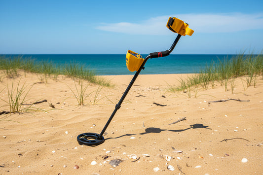 A handheld underground metal detector with a black shaft and yellow detailing, including a circular probe at the bottom and two buttons on the handle.