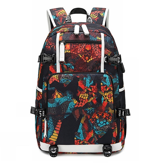 A multicolored geometric patterned school backpack with adjustable straps and multiple compartments.