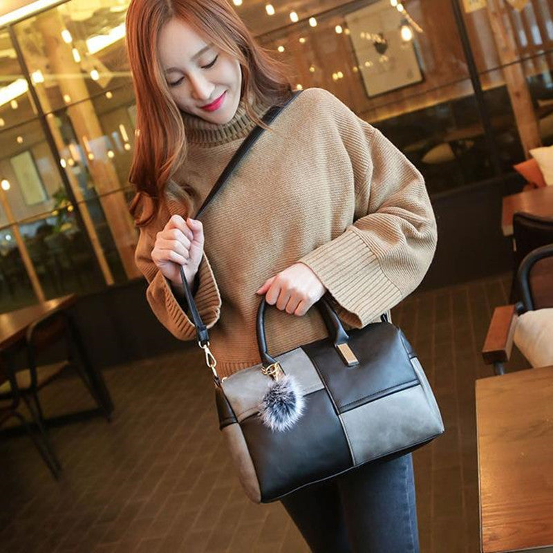 Women's PU Leather Boston Bag – Contrast Stitch Pillow Handbag Shoulder Purse
