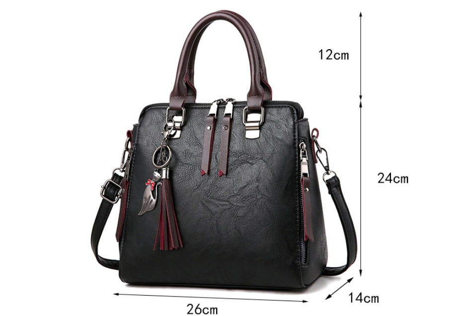 Women's Two-Tone Satchel Handbag – Vegan-Friendly Imitation Leather Shoulder Bag with Tassel Charm