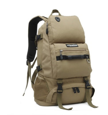 A khaki-colored hiking backpack with multiple compartments and adjustable straps.