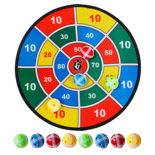 A colorful children's dart board with multiple sections, each marked with a different point value, and five multicolored darts positioned in front of it.