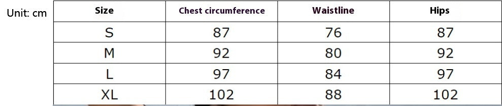 Size chart for clothing with chest circumference, waistline, and hips measurements.