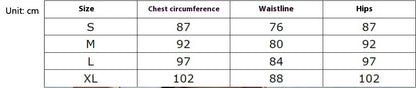 Size chart for clothing with chest circumference, waistline, and hips measurements.