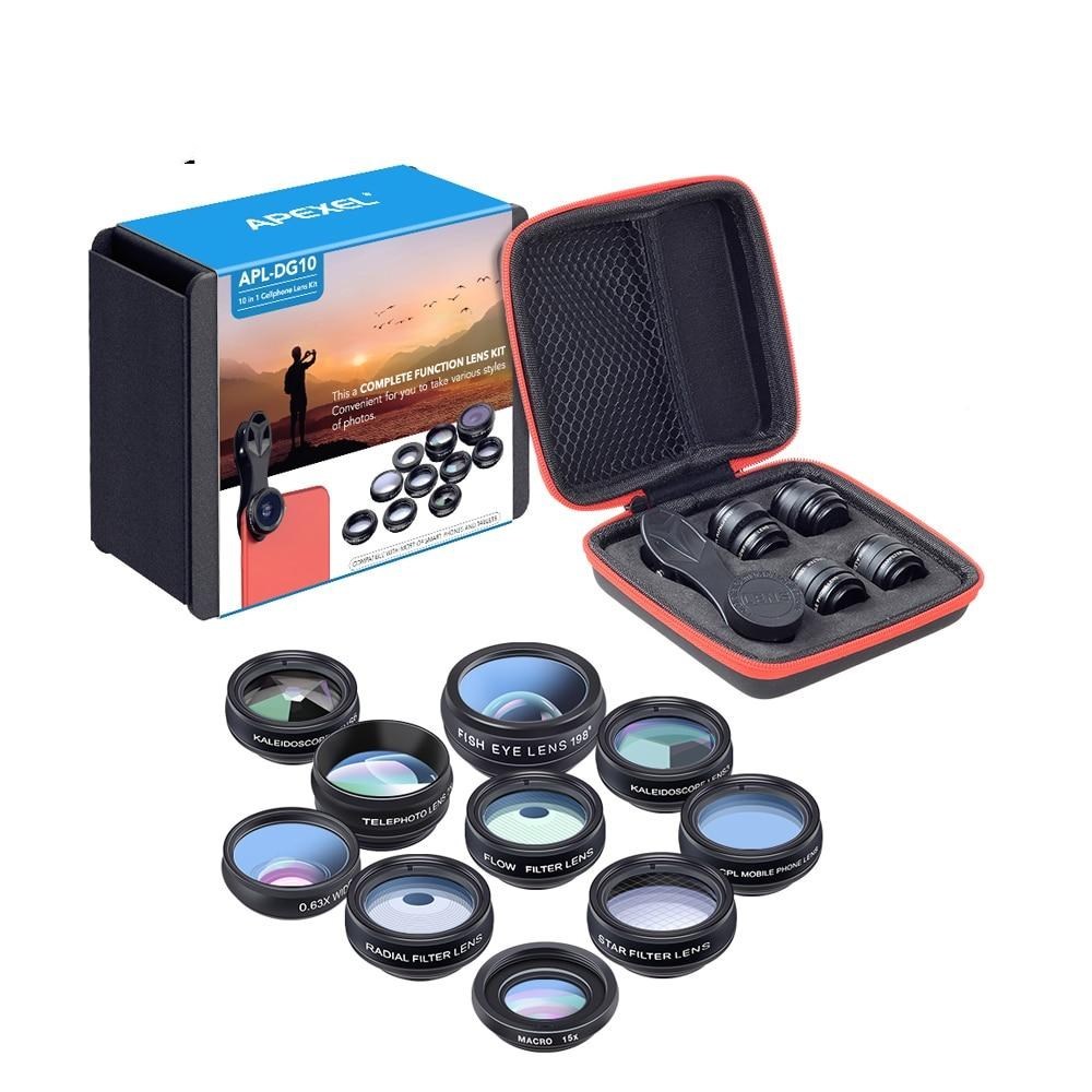 A collection of 10 detachable camera lenses for smartphones displayed alongside their packaging which includes a black and red EVA bag and a user manual. The lenses vary in type and function, with some providing wide angle views, macro shots, and others with filters like fisheye, polarizing, and kaleidoscope effects.