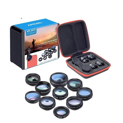 A collection of 10 detachable camera lenses for smartphones displayed alongside their packaging which includes a black and red EVA bag and a user manual. The lenses vary in type and function, with some providing wide angle views, macro shots, and others with filters like fisheye, polarizing, and kaleidoscope effects.
