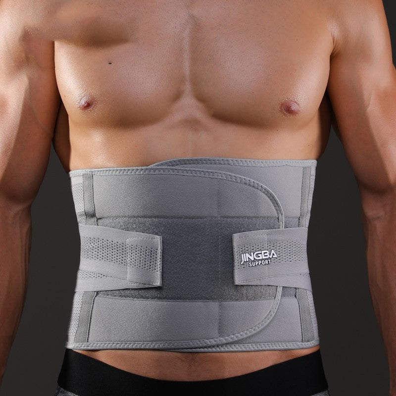 Gray waist support belt worn by a person.