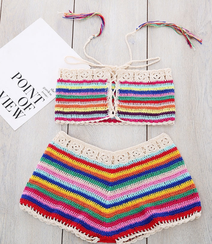 Women's multicolored striped handmade bikini swimsuit with lace details and a tube top design.