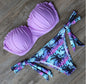 Women's Ruffle Bandeau Bikini Set | Tropical Print Tie-Side Bottom | Black & Purple