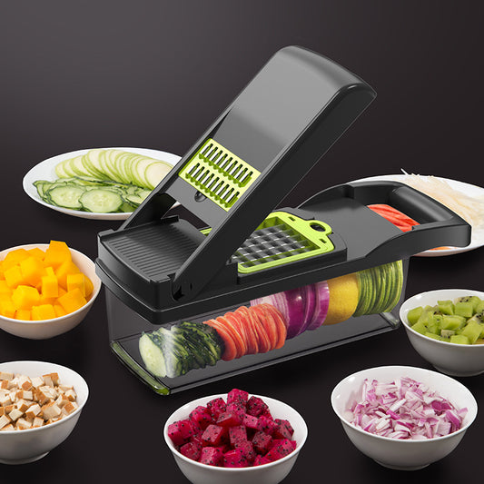 A multifunctional vegetable cutter with various blade attachments, displayed alongside dishes of sliced vegetables, such as cucumbers, radishes, and bell peppers.