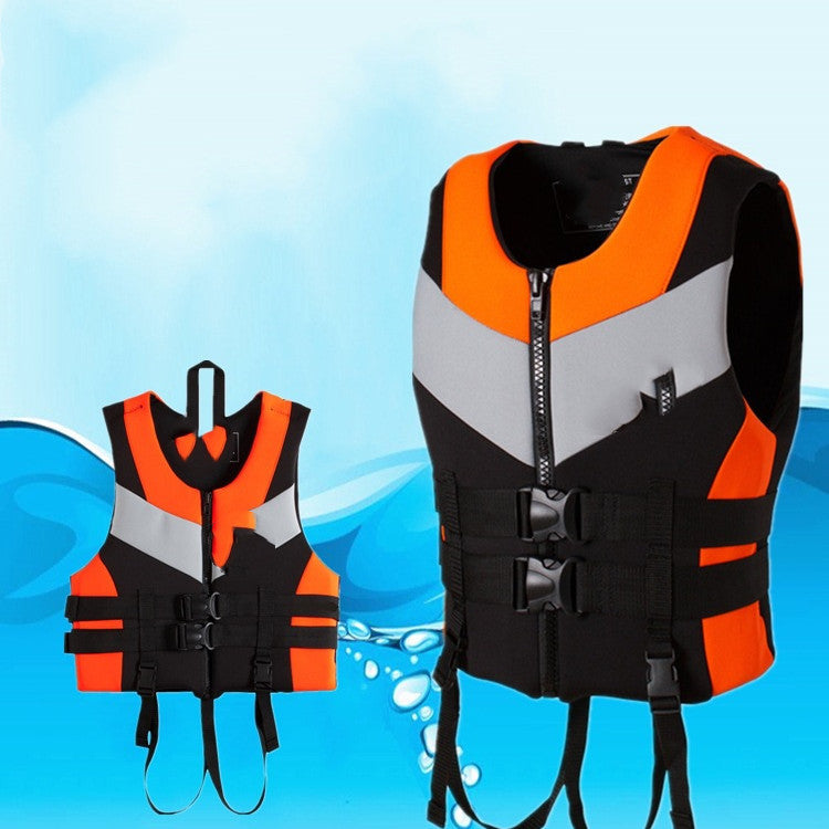 Adult life jackets in black with orange and white detailing, displayed against a blue water background, indicating their use for outdoor water activities.