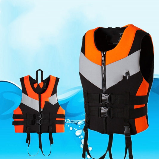 Adult life jackets in black with orange and white detailing, displayed against a blue water background, indicating their use for outdoor water activities.