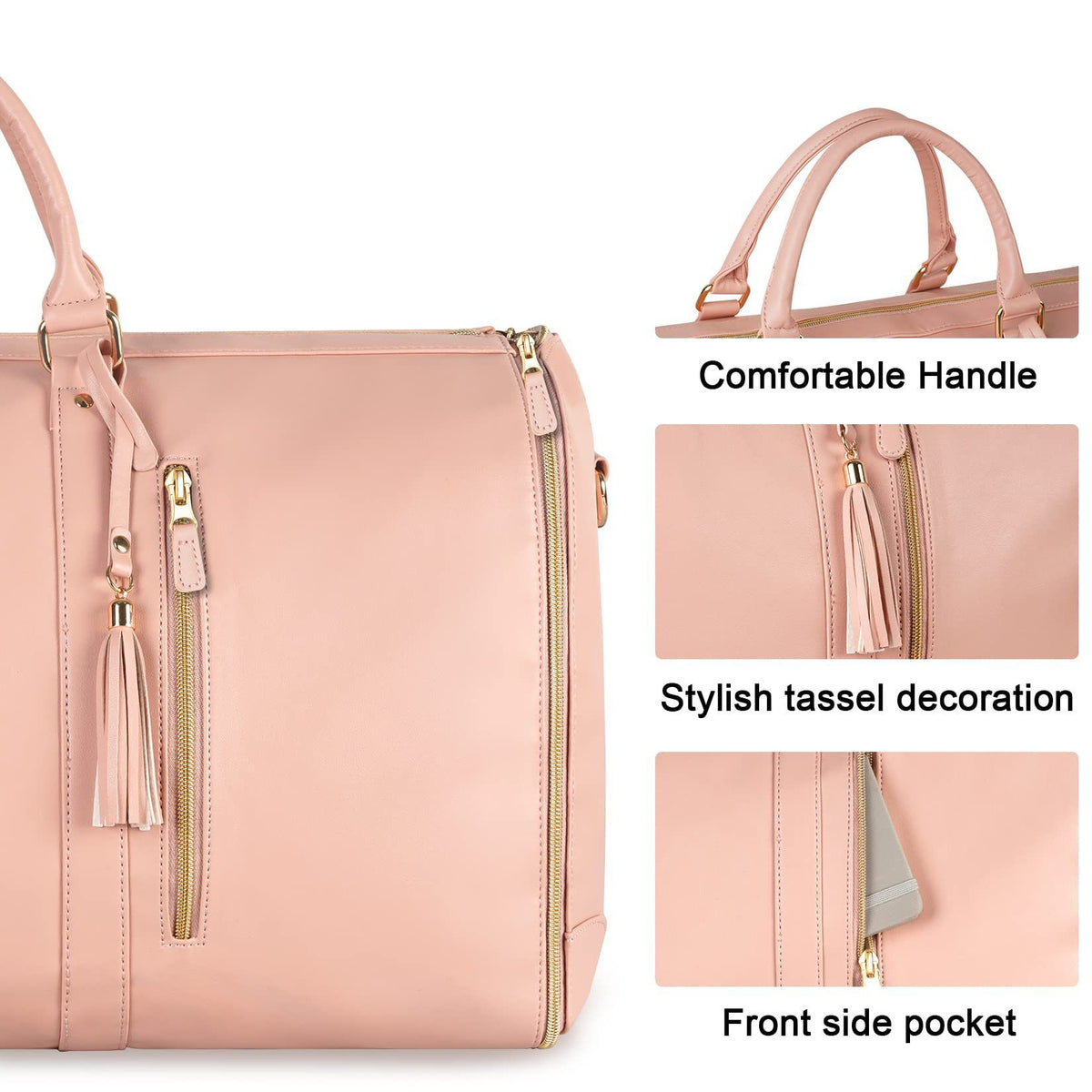 Pink duffel bag with handle, tassel decoration, and front side pocket on a white background.