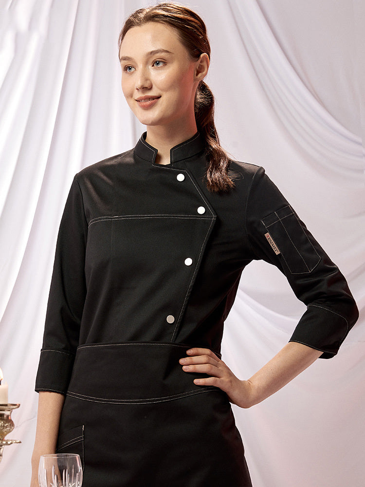 Women's Long Sleeve Chef Blouse – Poly-Cotton Kitchen Uniform Top | Black & White