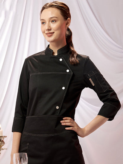 Women's Long Sleeve Chef Blouse – Poly-Cotton Kitchen Uniform Top | Black & White