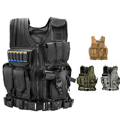 A black tactical vest with multiple pockets and zippers, designed for military or outdoor activities. The vest is shown in different angles and colors including black, camouflage, and gray.
