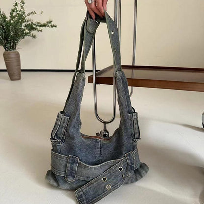 Women's Vintage Washed Denim Shoulder Bag – Large Retro Tote Purse