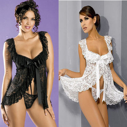 Two models wearing rose lace lingerie, one in black and one in white. The black lingerie features a bow detail on the chest and the white lingerie has a tie-dye pattern.