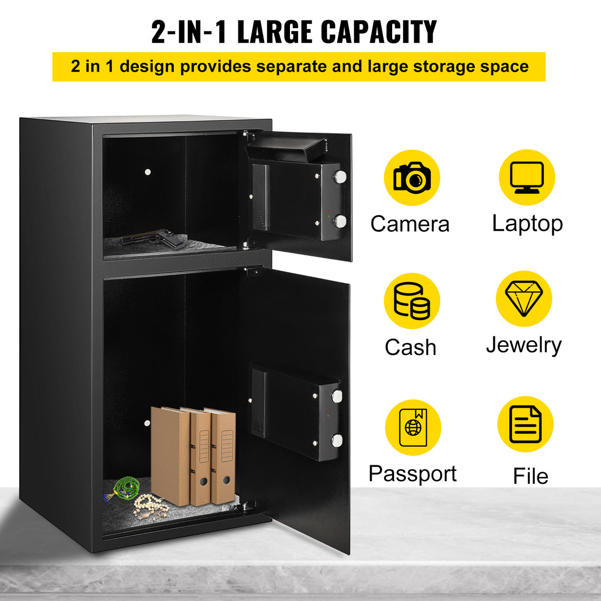 Black storage cabinet with open doors showing interior compartments and storage items.