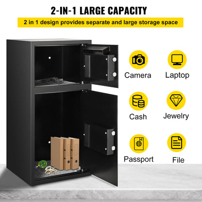 Black storage cabinet with open doors showing interior compartments and storage items.
