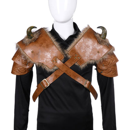 A mannequin displaying a Halloween cosplay costume piece, a brown Viking armor shoulder with faux fur and horns.