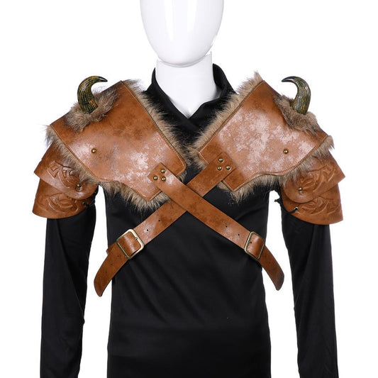 A mannequin displaying a Halloween cosplay costume piece, a brown Viking armor shoulder with faux fur and horns.