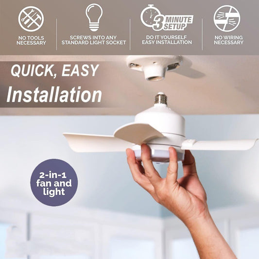 A white ceiling fan with integrated LED light, being installed by screwing into a light socket, emphasizing quick and easy installation without tools necessary.