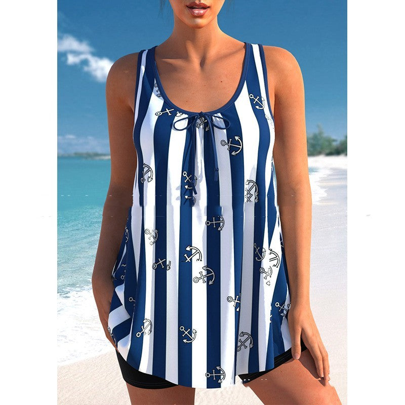 A collage of three women's plus size skirted bikini swimsuits in various prints, including black and white geometric patterns, dark blue, and light blue stripes.