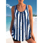 A collage of three women's plus size skirted bikini swimsuits in various prints, including black and white geometric patterns, dark blue, and light blue stripes.