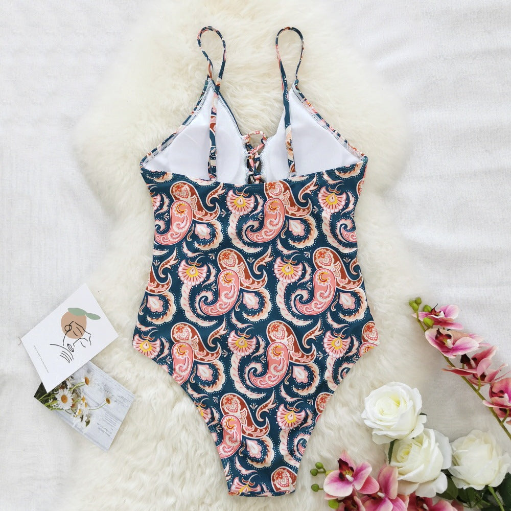 Women's Deep V Tie One-Piece Swimsuit | Floral Print