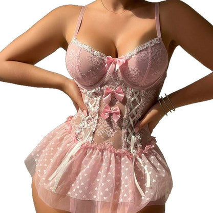 Underwire Push-Up Sheer Mesh Bow Lingerie 3-Piece Set