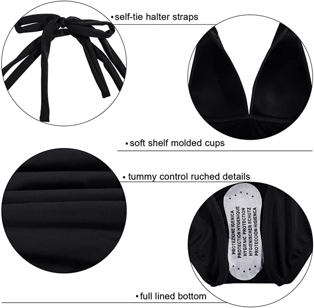 Black bikini description with halter straps, soft shelf cups, ruched details, and lined bottom.