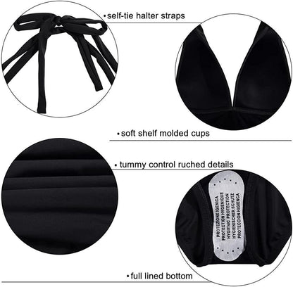 Black bikini description with halter straps, soft shelf cups, ruched details, and lined bottom.