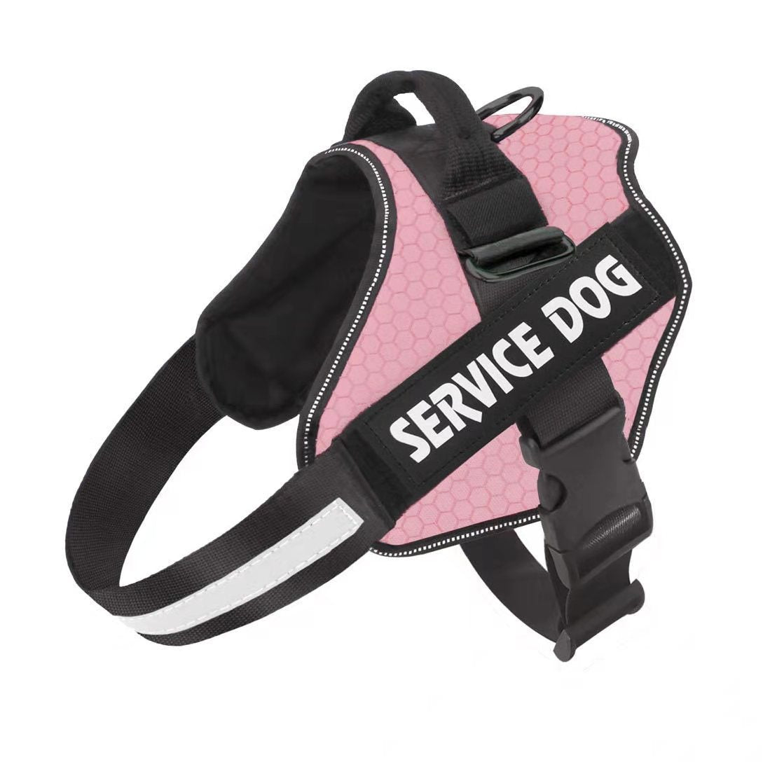 A black dog harness with 'SERVICE DOG' text printed on the back, equipped with adjustable straps and a buckle.