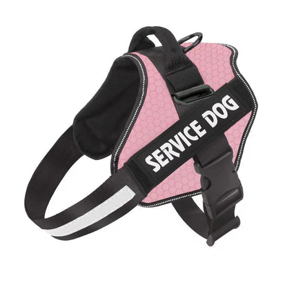 A black dog harness with 'SERVICE DOG' text printed on the back, equipped with adjustable straps and a buckle.