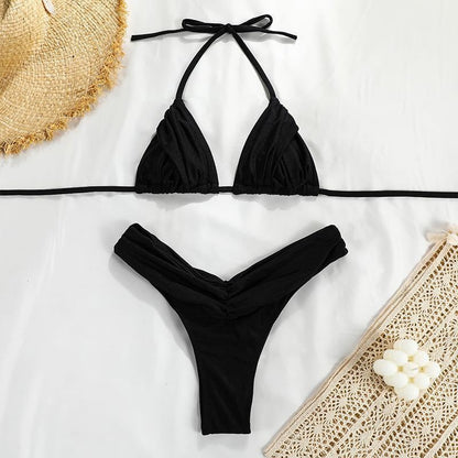 Women's Solid Color Pleated Bikini Set | Sexy High-Elasticity Two-Piece