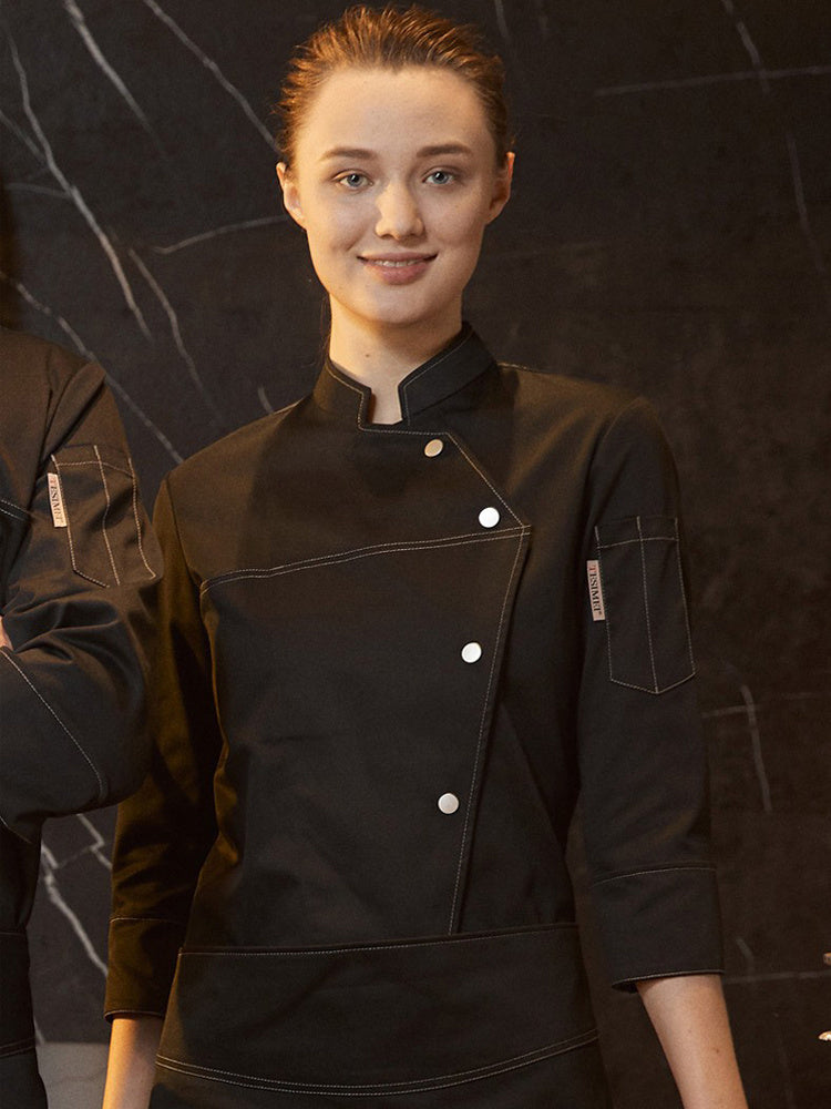 Women's Long Sleeve Chef Blouse – Poly-Cotton Kitchen Uniform Top | Black & White