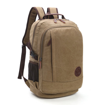 A khaki-colored washed canvas backpack with airpillow straps and a front zipper pocket, suitable for men and women.