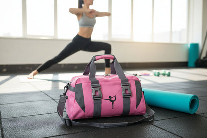 A pink and gray nylon yoga bag with a shoulder strap and a silhouette of a yoga pose on the front.