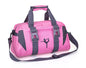 A pink and gray nylon yoga bag with a shoulder strap and a silhouette of a yoga pose on the front.