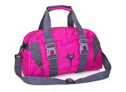 A pink and gray nylon yoga bag with a shoulder strap and a silhouette of a yoga pose on the front.