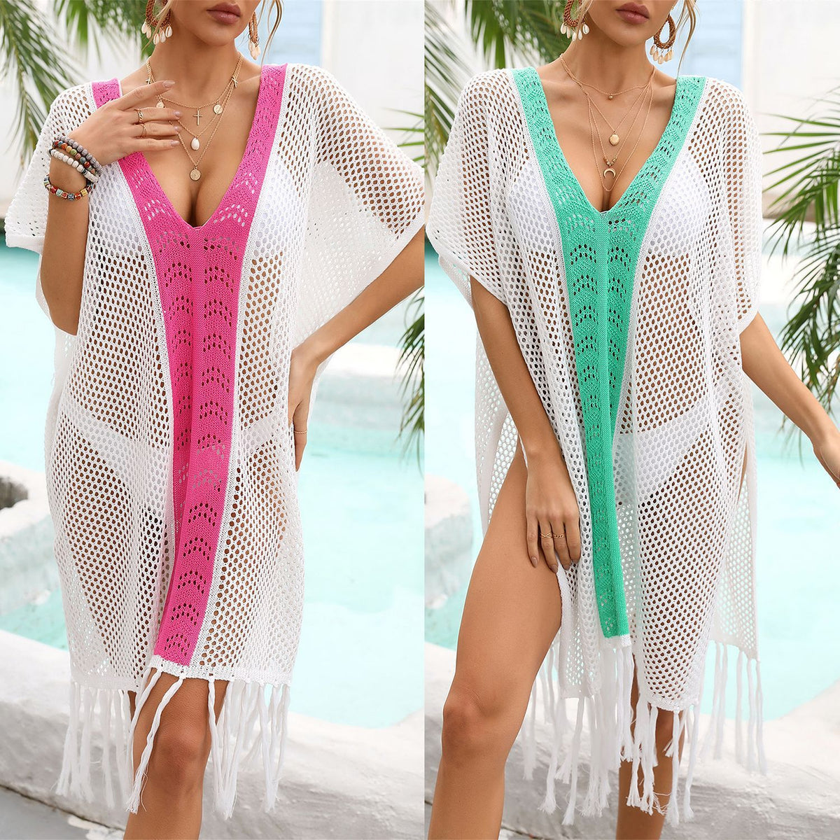 Two models wearing white beach blouses with tassels, one in green and one in rose red, standing by the beach.